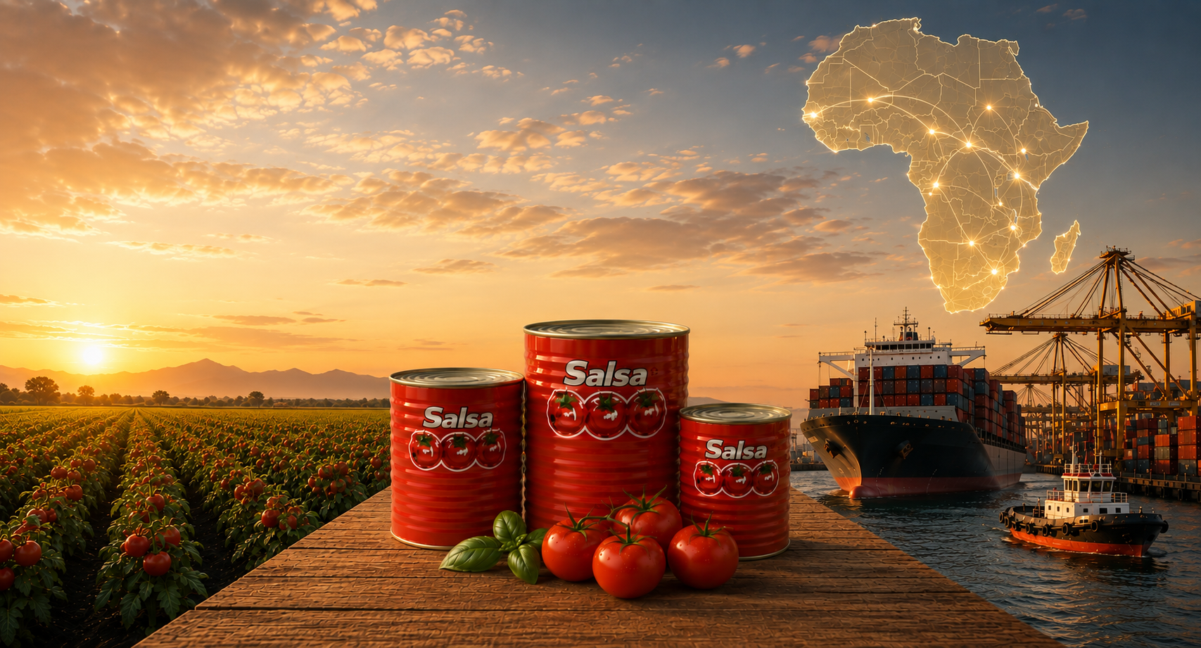 Campi di pomodoro al tramonto, scatole Salsa e porto di esportazione verso l'Africa